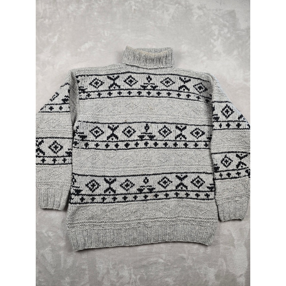 Vintage Gap Turtleneck Sweater Mens L Gray 100% Wool Hand Knit Fair Isle *Read